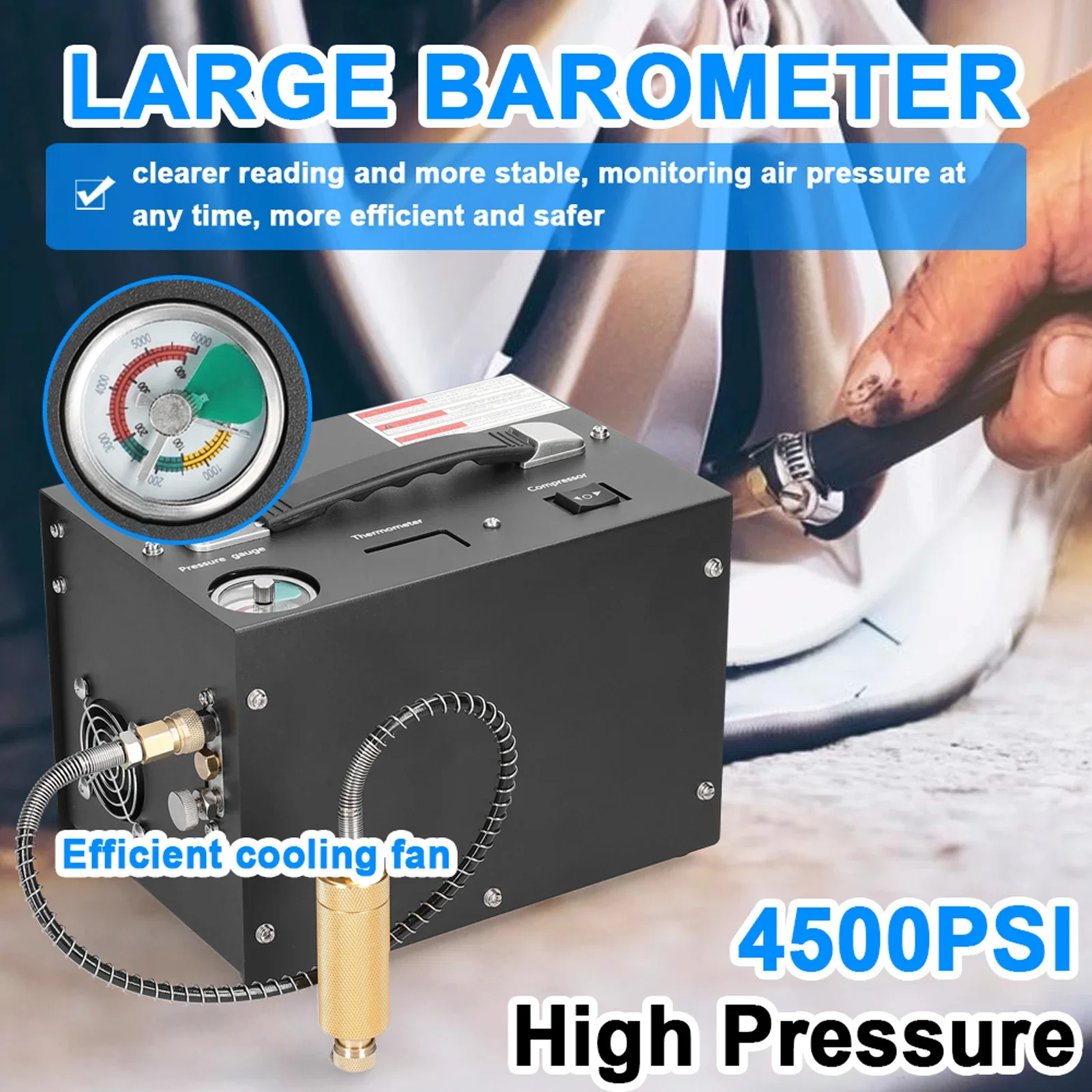 4500PSI Electric High Pressure Air Compressor with Barometer Intelligent Portable Pump Outdoor Car Tire Inflator Pump
