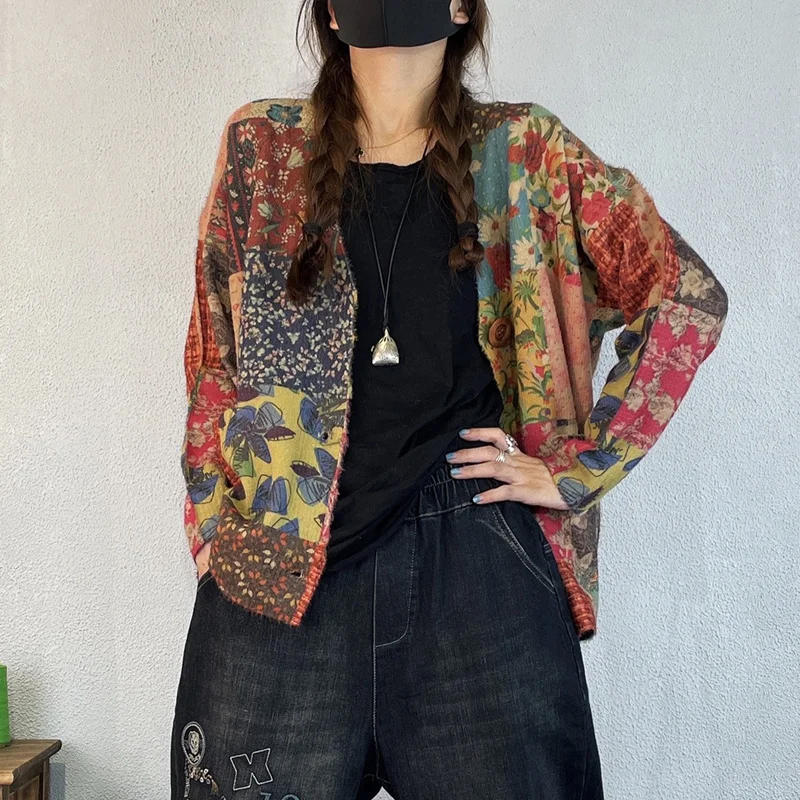 Amax luluE Winter Vintage Printed V-Neck Sweaters Womens Loose Leisure Cardigans Gothic Females Harajuku Pocket Floral Clothing