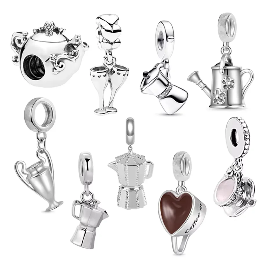 Hot Sale Coffee Pot，Trophy & Tool Kettle Dangle Charm Bead Fit Original 925 Sterling Silver Bracelet DIY Jewelry Women Gift