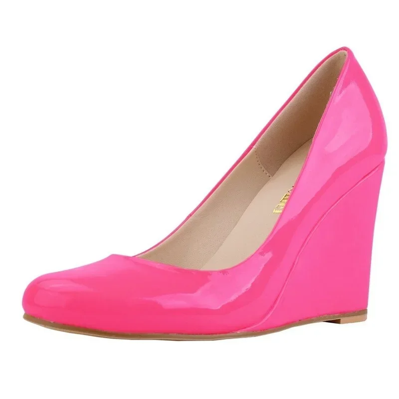 Women Wedge Pumps Autumn Pointed Toe Shallow Patent Leather High Heels Female Red Black Party Dress Wedding Shoes Large Size