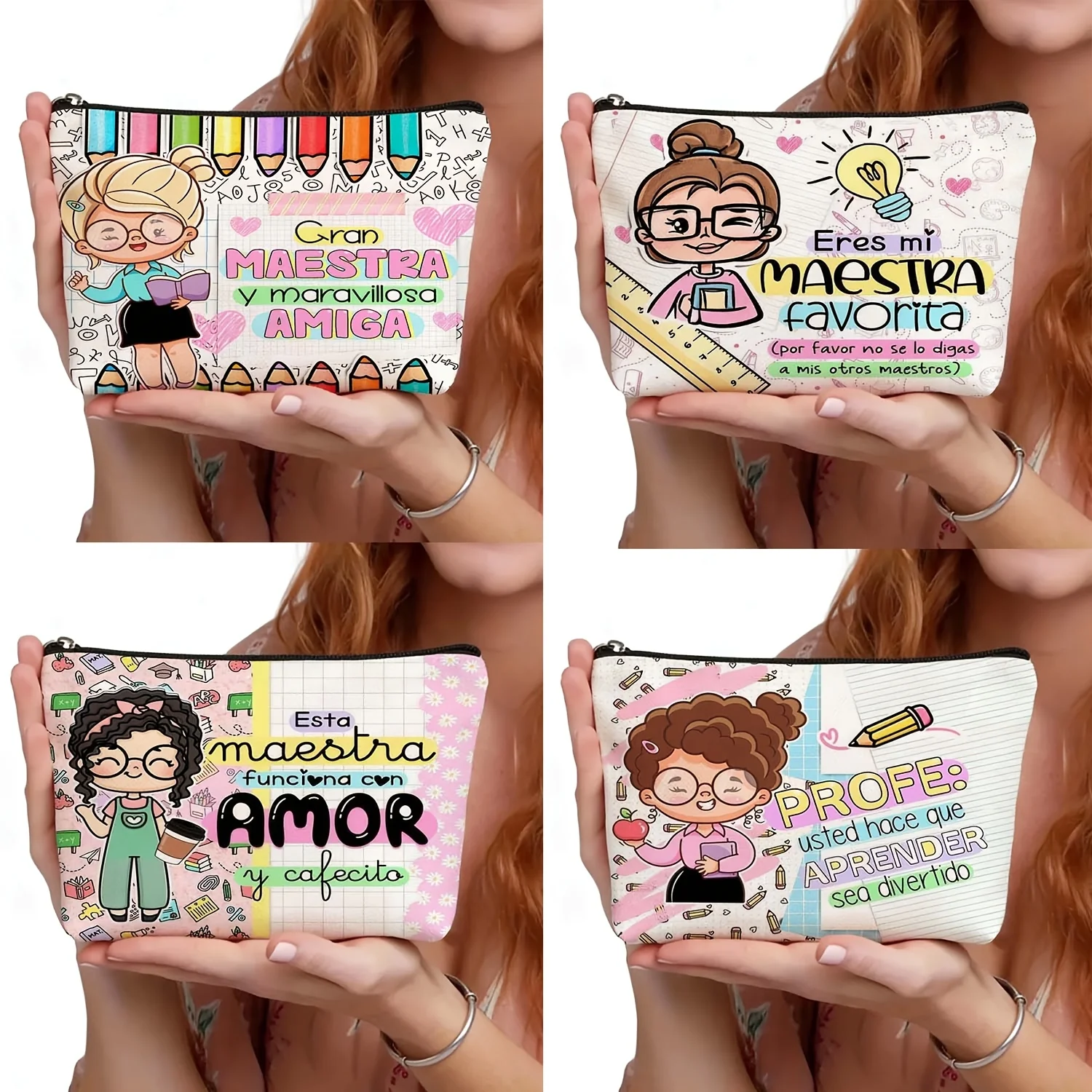 Sac à cosmétiques en polyester pour professeur d'espagnol, pochette avec imprimé crayons colorés, pochette de rangement portable