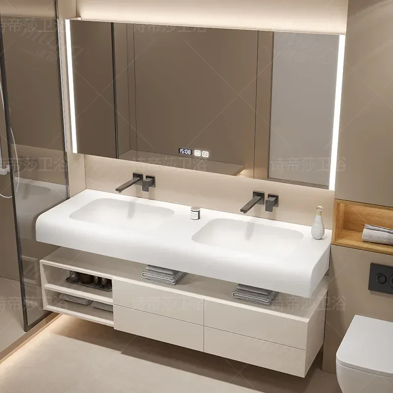 Modern Simple DuPont Corian Integrated Basin Bathroom Cabinet Japanese Style Wash Table Vanity Unit with Sink for Home Bath