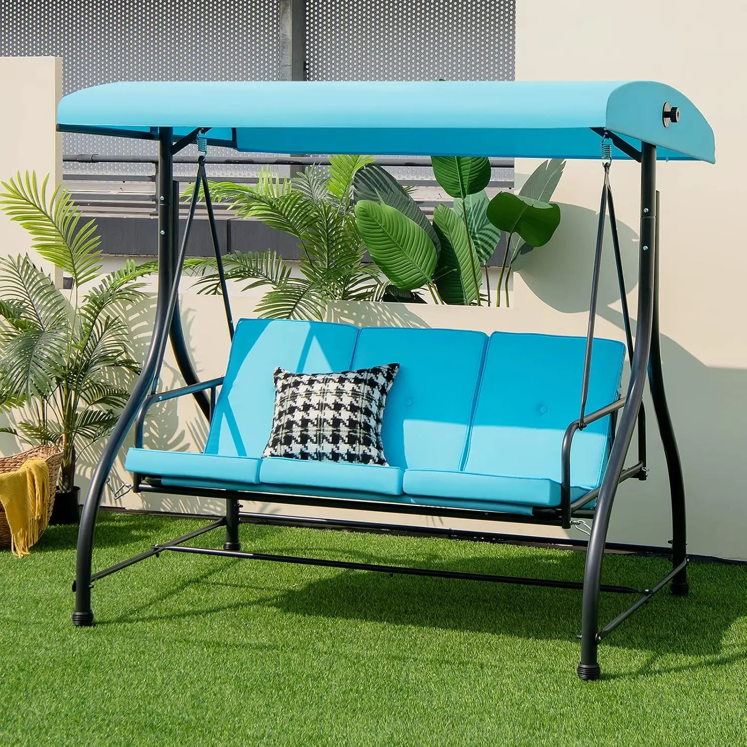 

3 Person Porch Swing 2 in 1 Convertible Patio Swing Bed with Removable Cushions Solid Steel Structure Outdoor Swing Adjustable