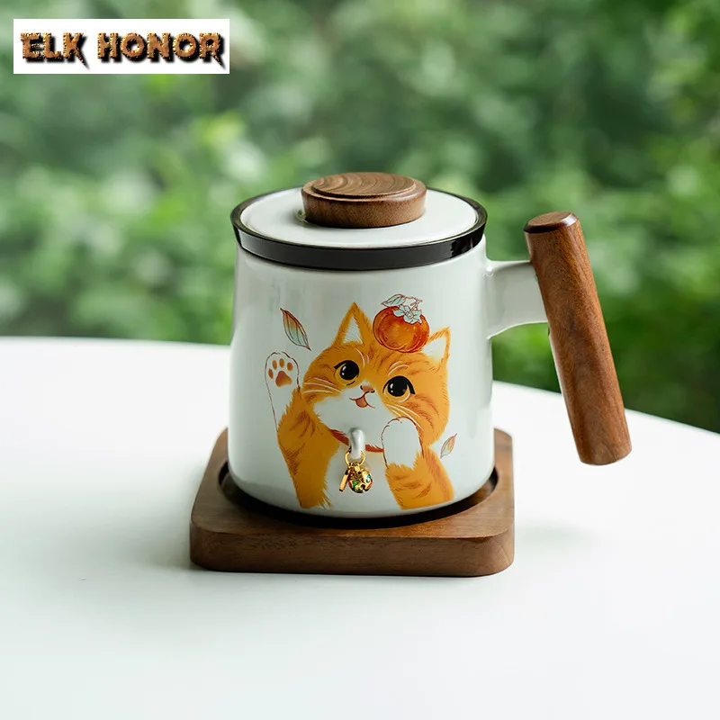 

380ml Persimmon Bell Cat With Lid And Coaster Filter Tea Separator Cup Luxury Tea Mug With Infuser Tea Maker Office Water Cup