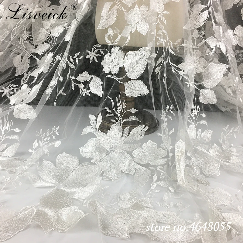 Nuovo tessuto di pizzo ricamato bianco da 1 metro tulle squisito fiore pesante di alta qualità abito da sposa tessuto velo Mterial