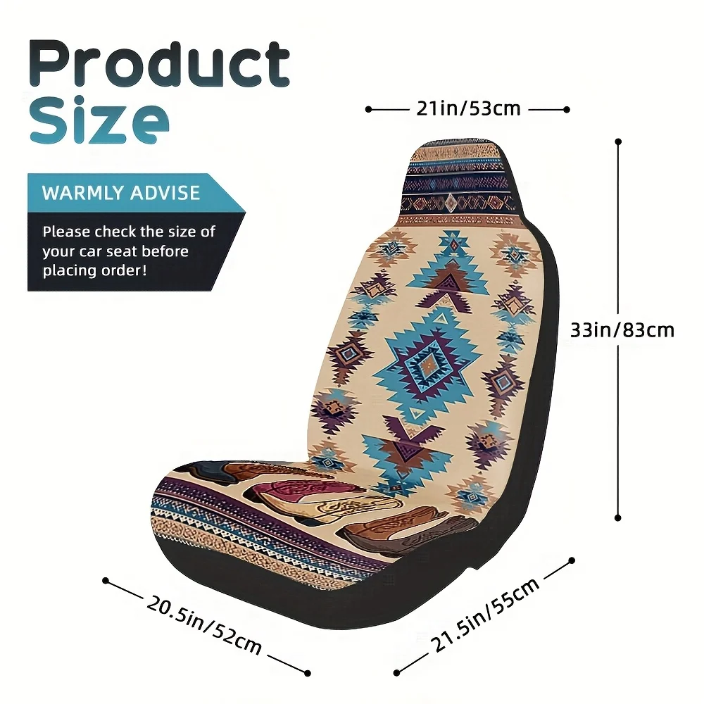 Set Of 2, Trendy Western Boots With Aztec Pattern Car Seat Covers, Soft And Foldable, Designed To Fit Single Front Seats, Great