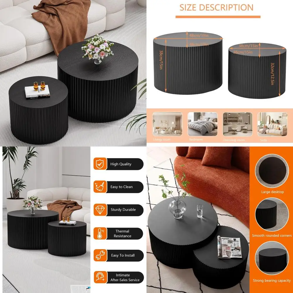 Modern Nesting Coffee Table Set - 2 Piece Wave Stripe Circular Living Room Furniture with Nested Coffee Tables