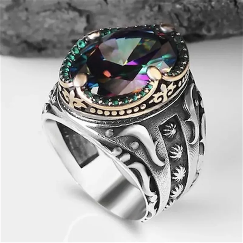 Vintage Handmade Turkish Signet Ring for Men Trendy Silver Color Carving Pattern Inlay Multicolour Zircon Punk Motor Biker Ring