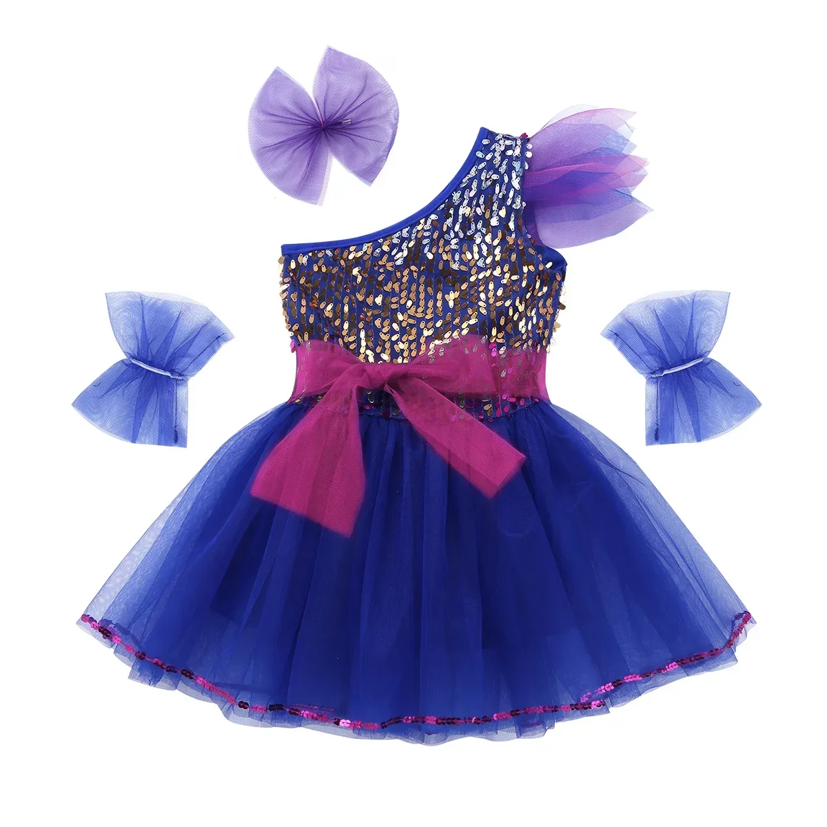 Hip Hop Dance Outfits Kids Girls Sequined Ballet One-Shoulder Tutu Mesh Dress Modern Latin Jazz Contemporary Dance Costume Set