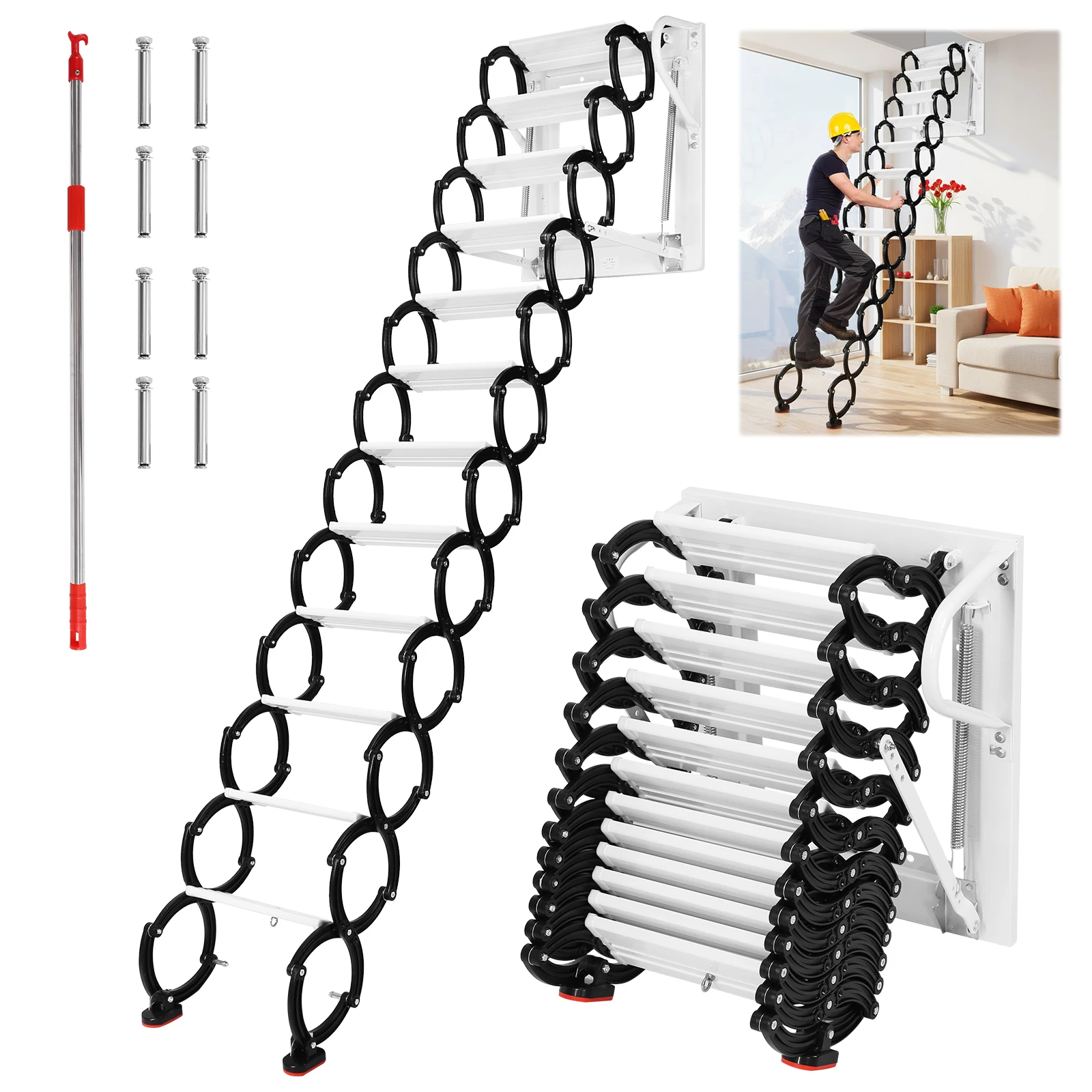 Pull Down Attic Ladder Wall-mounted Telescopic Stairs Anti-Slip Step Attic Telescopic Staircase with Armrests for Attic Access