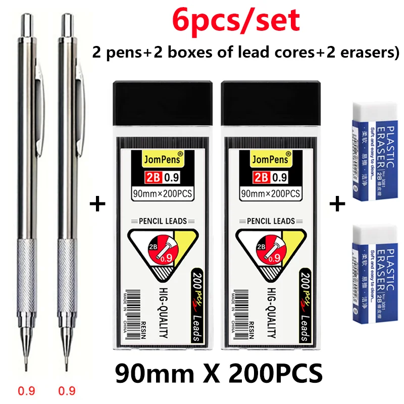 Set van metalen mechanische potloden van 0,5/0,7/0,9/1,3/2,0 mm met verwisselbare potloodstiften, voor gebruik op kantoor, op school, voor schetsen en schrijven.