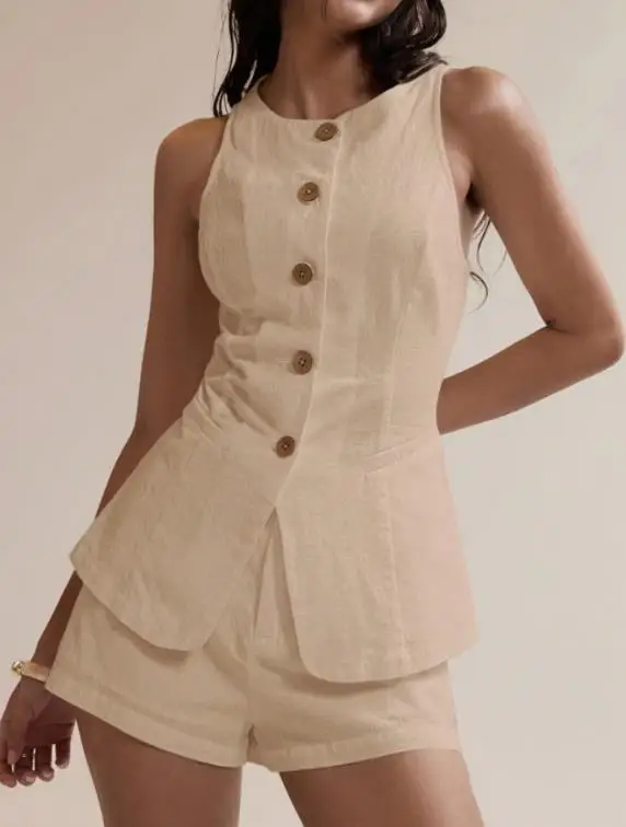 

Two Piece Set Women Outfit 2026 Spring Summer New Round Neck Sleeveless Slim Single-Breasted Vest & Casual Daily Shorts Set