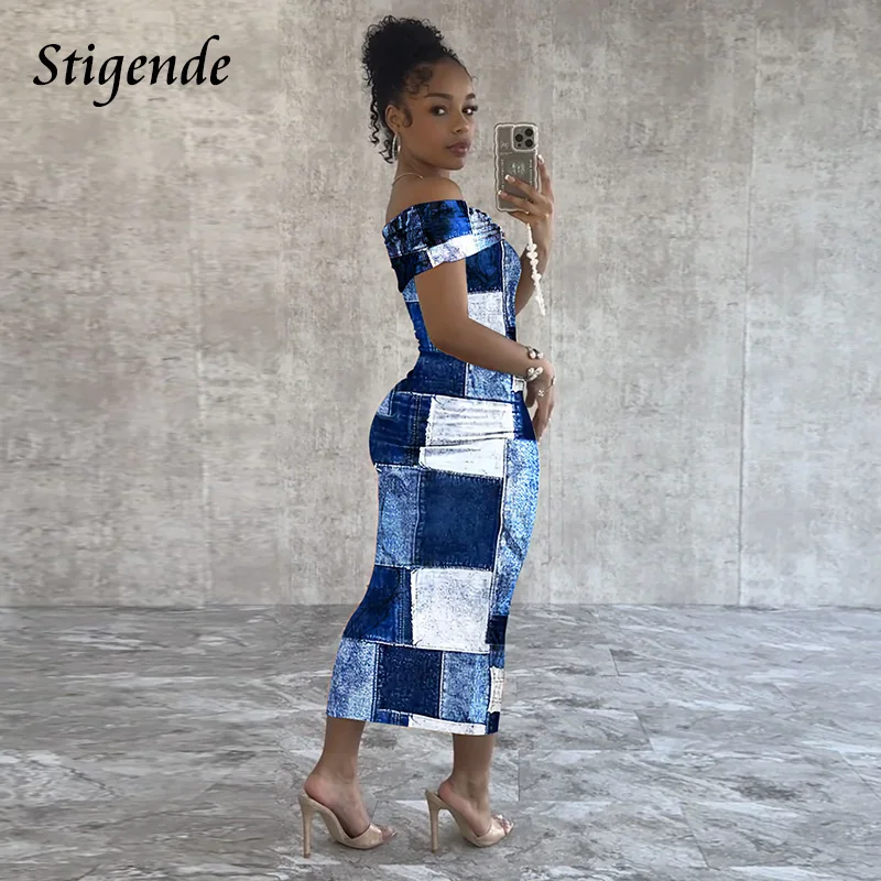 Stigende Sexy Off Shoulder Printed Dress Women Summer Bodycon Slash Neck Dress