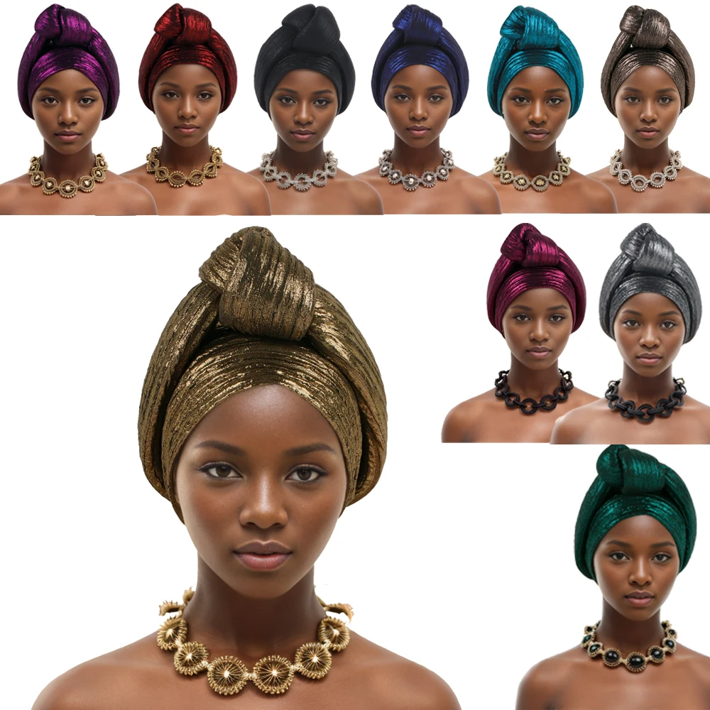 Turbante anudado de tela con purpurina para Mujer, gorros para la cabeza, pañuelo para la cabeza de estilo africano, Nigeria, fiesta