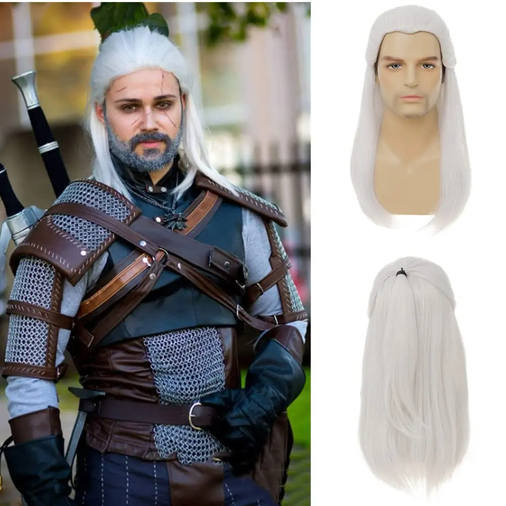 Peluca de Cosplay de Geralt of Rivia, pelucas de pelo sintético liso blanco plateado para hombres, disfraz de juego novedoso para fiesta y Halloween