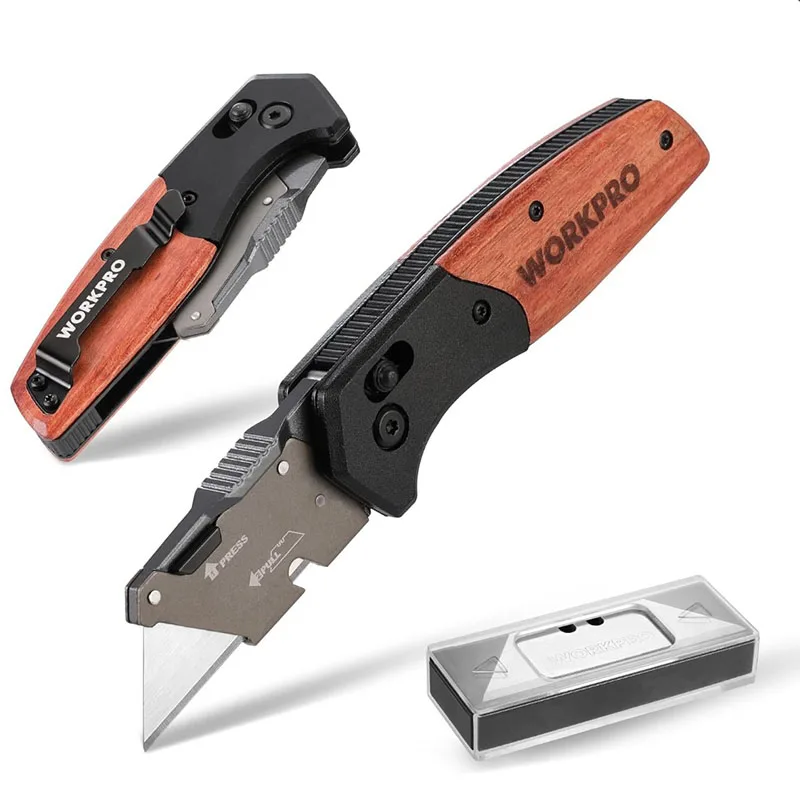 

WORKPRO Folding Utility Knife Razor Blade Knife with Axis Lock Quick Change Box Cutter EDC Wood Handle Foldable Pocket Cutter