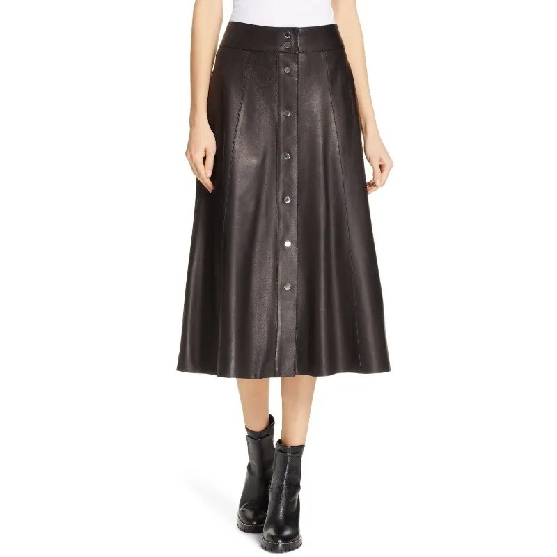 Women Handmade Premium Lambskin Leather Skirt Soft Slim Dark Brown Flare Skirt