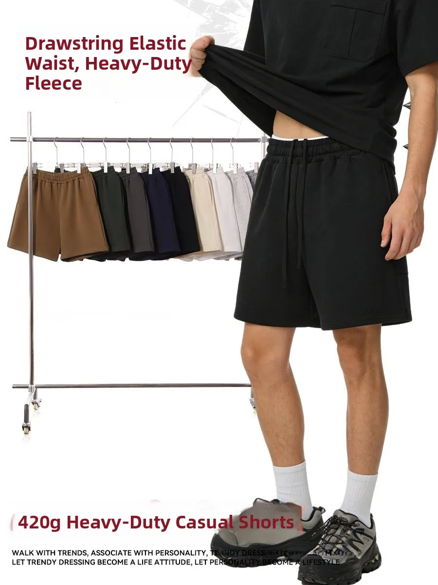 

Мужские летние шорты в стиле ретро, плотные (420 г), с широкой петлей, повседневные, свободного кроя, для активного отдыха, с эластичным поясом, из хлопка и полиэстера