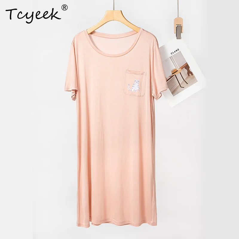 

Tcyeek, 6A 100%Spun Silk Pajama Dress, Women Short Sleeve Cat Print, Sweet Loose Comfortable Nightgown, Summer Autumn P48013QC