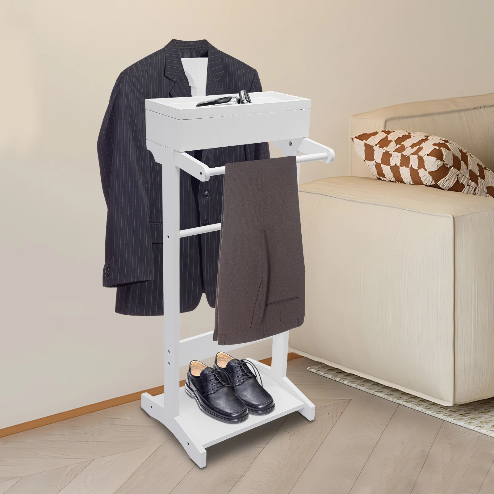 White Wooden Garment Rack w/ Storage Shelf,Freestanding Clothes Hanger Organizer for Bedroom, Portable Wardrobe Stand for Closet