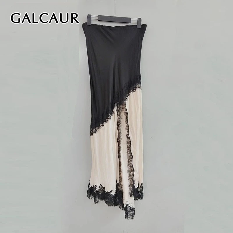 GALCAUR Hit Color Sheer Spliced Lace Elegant Skirts for Women High Waist Patchwork Split Temperament Skirt Female Fashion Style