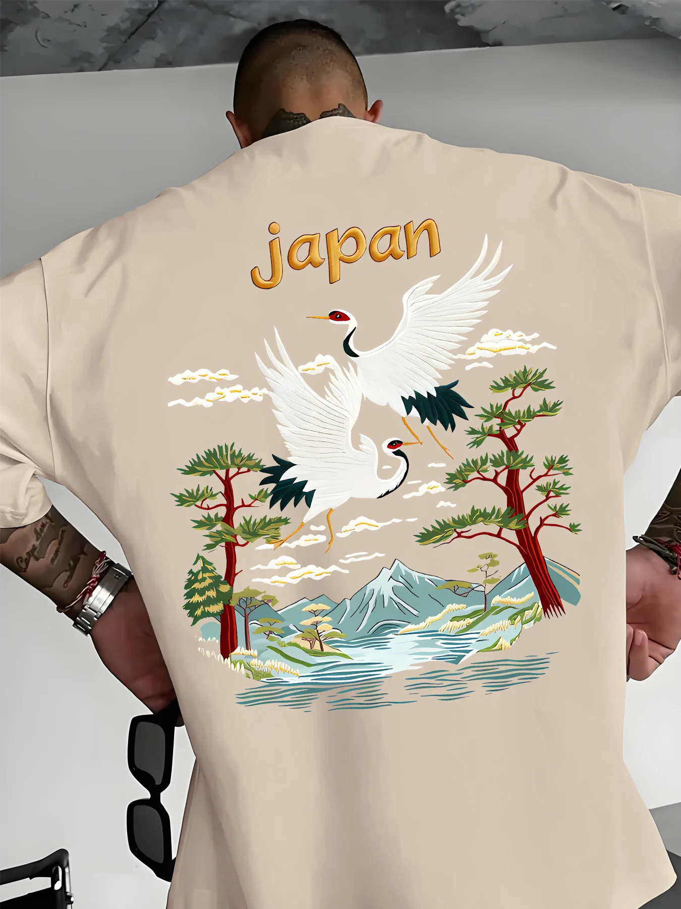 Men's 100% Cotton Japan Style T-Shirt Summer Loose Breathable Fashion Crane & Mount Fuji Print Casual Streetwear Tee Comfortable