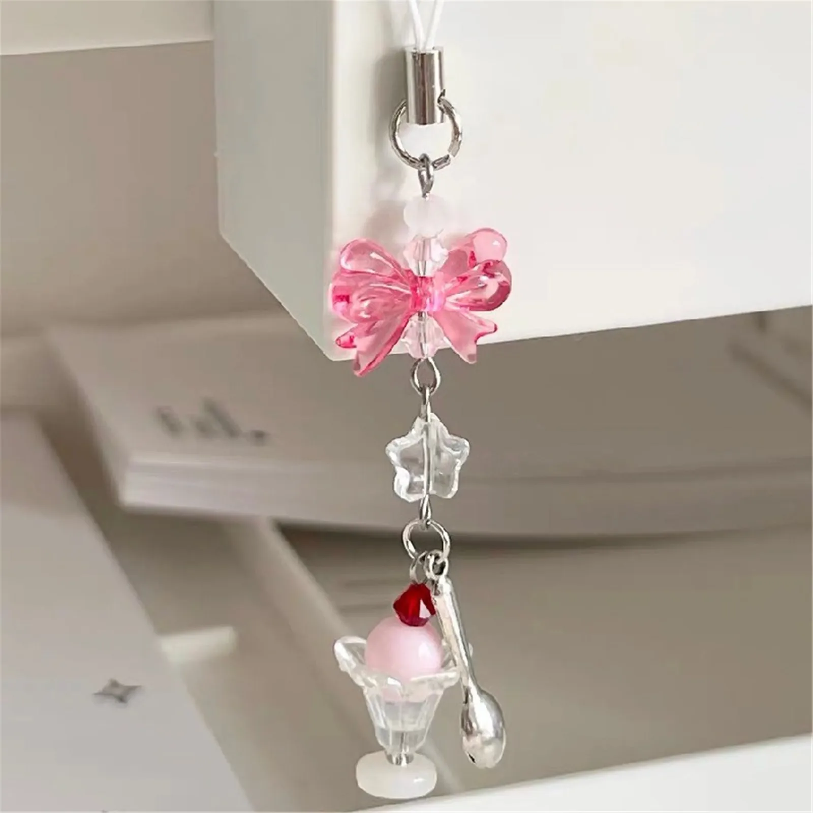 Y2K Ice Cream Flower Bead Phone Strap Chain Bow Star Heart Charm Cellphone Lanyard Keychain Woman Girl Mobile Phone Bag Pendant