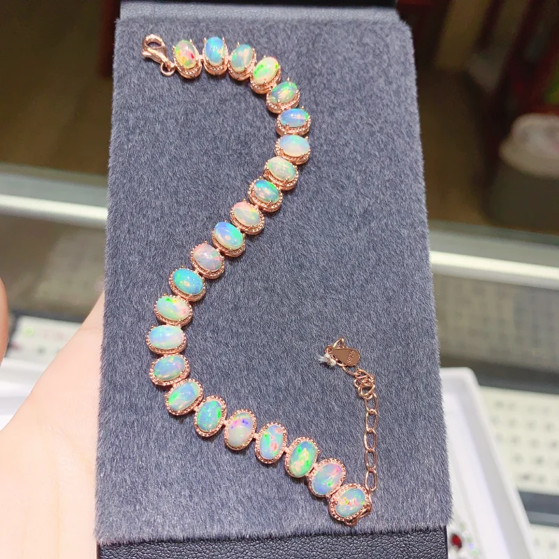 YULEM Natural Opal Simple Bracelet 925 Sterling Silver Colorful Stone Bangle for Women Fine Wedding Jewelry Charms Bracelet