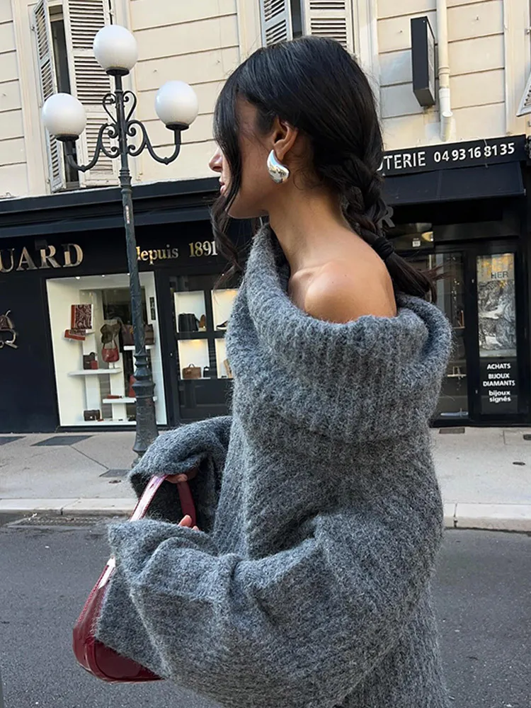 Elegant Off Shoulder Grey Loose Basic Cashmere Sweater Women Chic Long Sleeve Thick Knit Pullover Lady Highstreet Knitwear Top