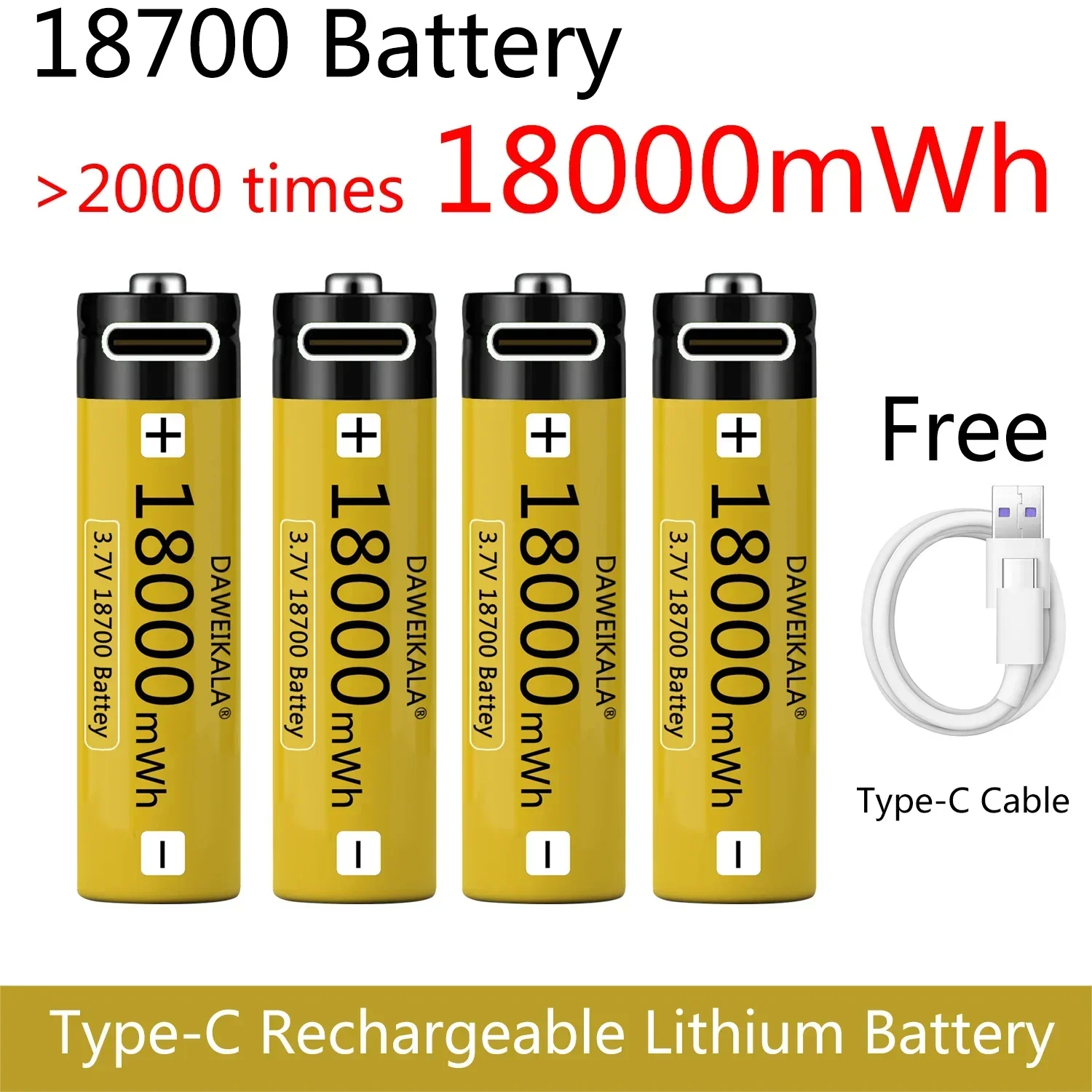 

18650 Battery USB Type-C 18700 3.7V 18000mWh USB Rechargeable Li-ion Battery for Flashlight Electric Mobile phone Toy Battery