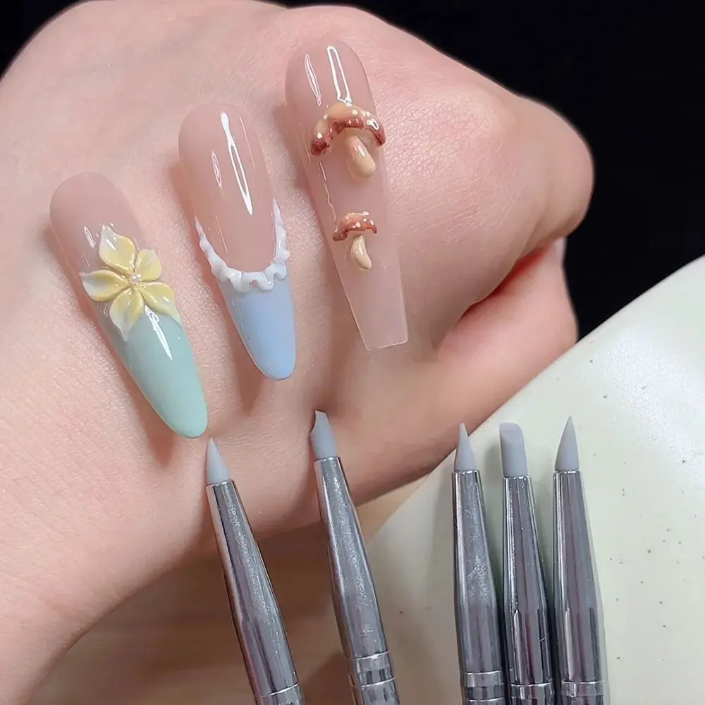 5Pcs/set Silicone Carving Flower Nail Brushes Small Head UV Gel Sculpture Nail Silicone Pen 3D Modeling Nail Art Tool Brush1.8cm