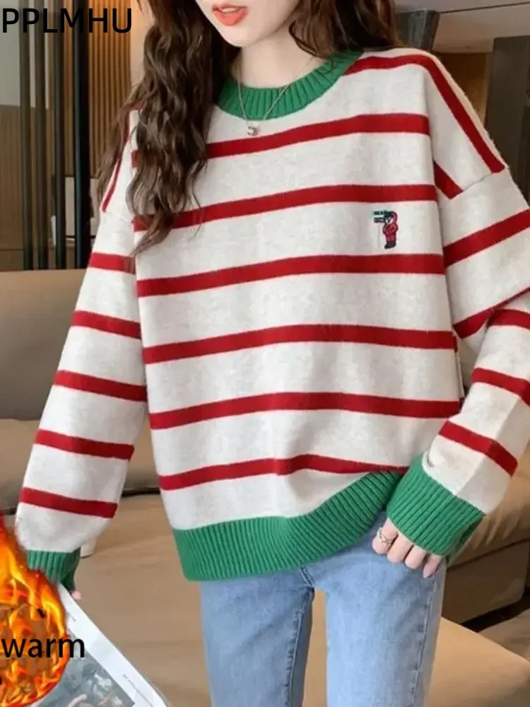 مخطط الألوان المتناقضة سترة الموضة فضفاض أفخم البلوفرات سميكة المرأة عادية فضفاض دافئ لينة محبوك Sueter
