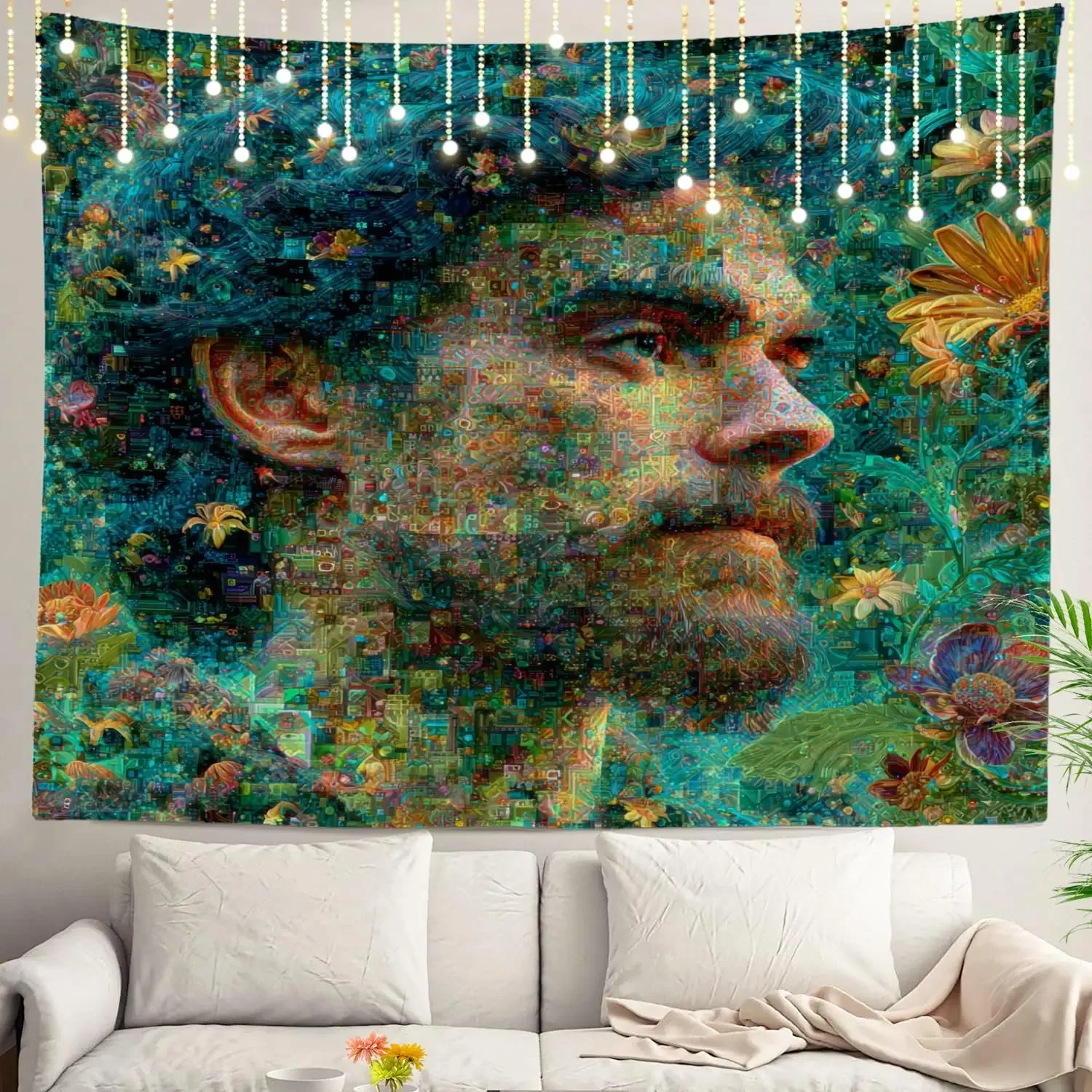 Aesthetic Boho Tapestry Man Portrait Psychedelic Floral Mural Wall Hanging Room Decor for Modern Bohemian Living Space Artwork