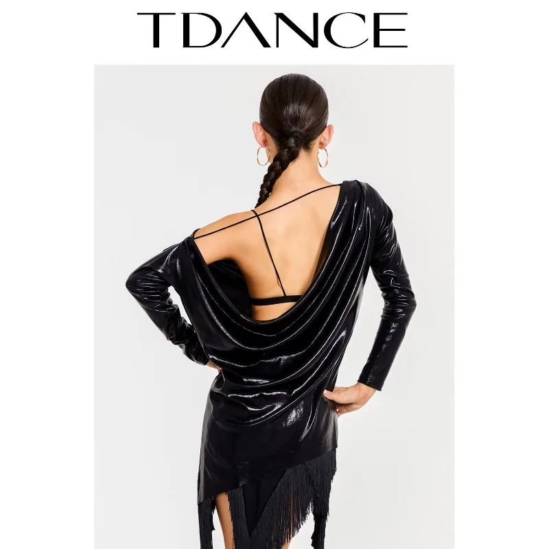 Maßgeschneidertes TDANCE Latein-Übungskleid [Schrägoberteil mit schwingendem Kragen hinten] Tanzkleid für weibliche Erwachsene gepaart mit Kapuzenpullover GL-56