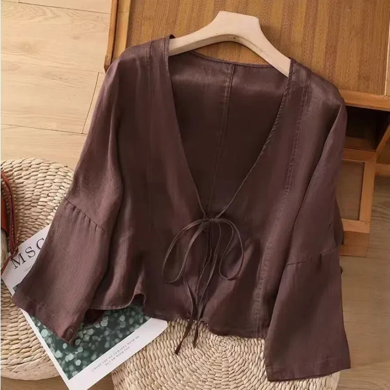 Office Lady Summer Women\'s Solid Color Cardigan Long Sleeve Bandage V-Neck T-shirt Coats Chiffon Casual Spring Autumn Tops