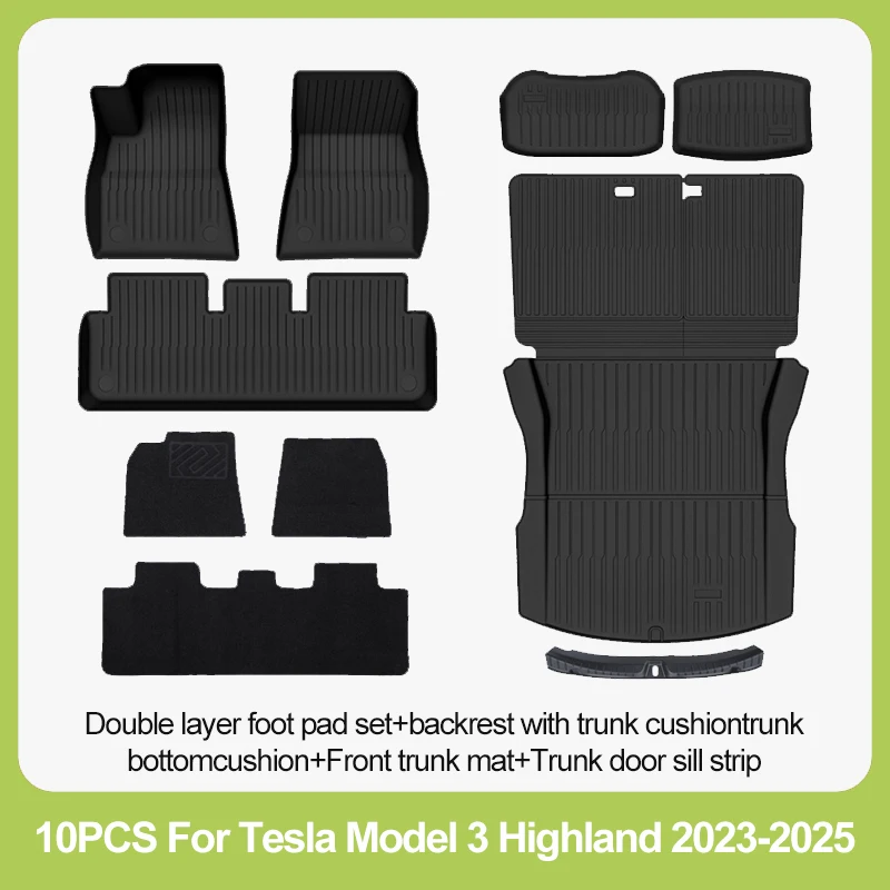 Autovloermatten voor Tesla Model 3 Highland 2024, 2025, 2026, all-weather TPE bagagematten voor en achter, opbergmat