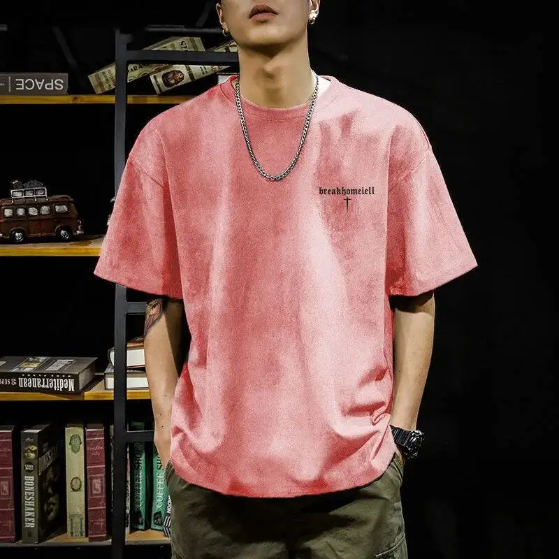 

Fashionable Brand Pixie Letter Printed Suede T-Shirt Men's Summer American Loose Casual Versatile Half-Sleeved Shirt