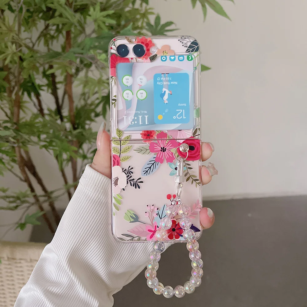 For Samsung Z Flip 5 4 3 ZFlip5 Case Hydrangea Flower Bracelet Transparent Folding Shockproof Protective Plastics Hard Cover