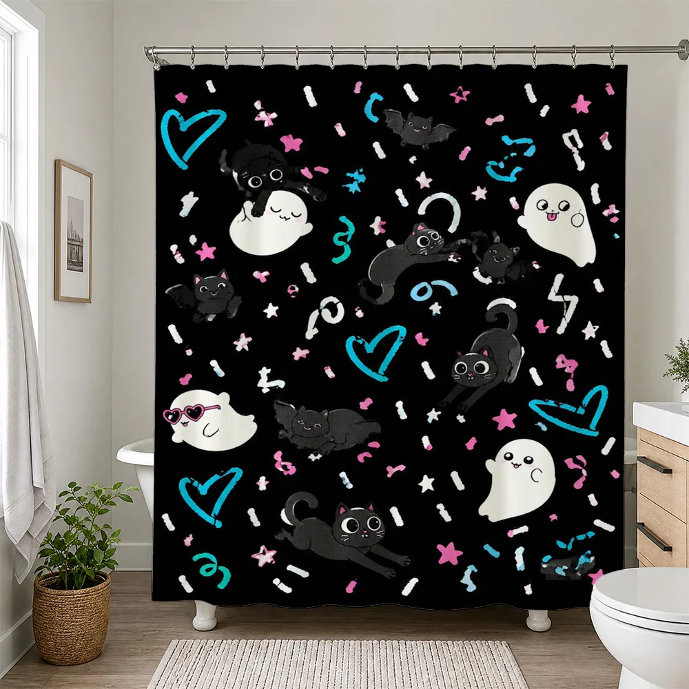 Cute Kawaii Ghost and Cat Shower Curtain Bathroom Decor Fun Cartoon Novelty Shower Curtain for Kids and Adults