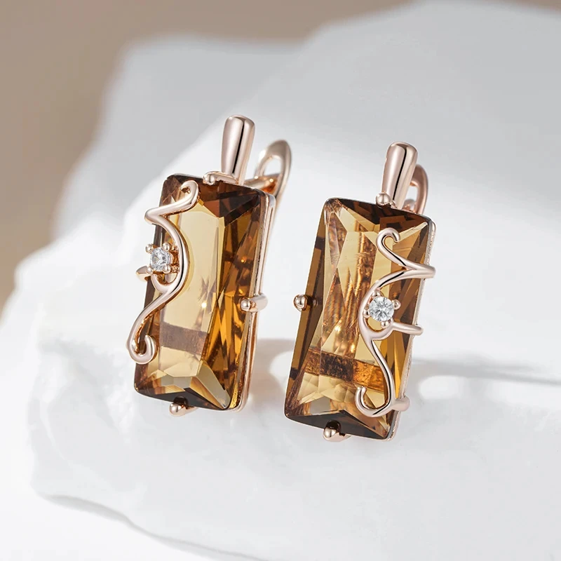 Wbmqda Brown Square Stone Drop Earrings For Women 585 Rose Gold Color High Quality Daily Party Jewelry Accessories