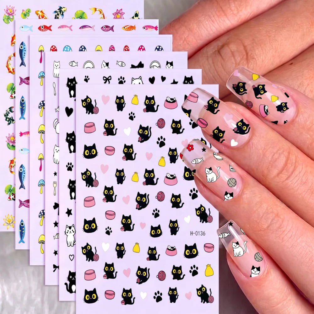 6pcs Black Cat & White Cat Pattern Nail Decals 3D Cute Cartoon Cat Nail Art Stickers Colorful Mushroom & Koi Fish Nail Supplies*