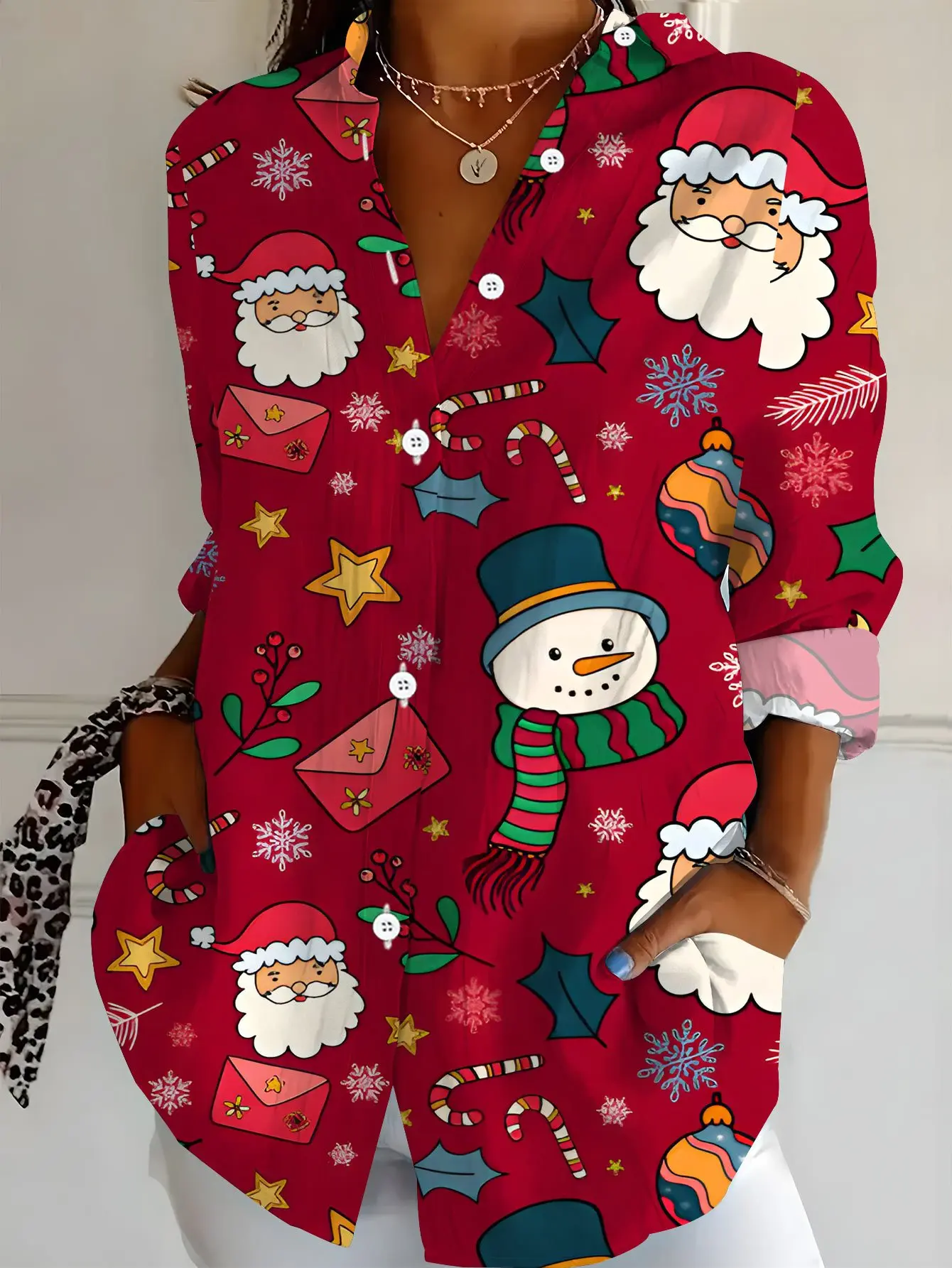 Camisa con estampado bonito de muñeco de nieve y elfo de Navidad para mujer, camisa informal para fiesta navideña, copo de nieve, árbol, estampado de fiesta, ropa de tendencia a la moda
