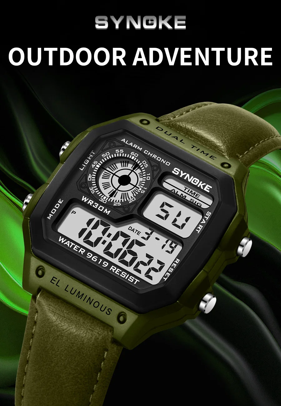 SYNOKE Gürtel Uhr Männer Outdoor Sport Multifunktionale Wasserdichte Leucht LED Digital Uhr PU Leder Für Männer Retro Mode – Detail 2