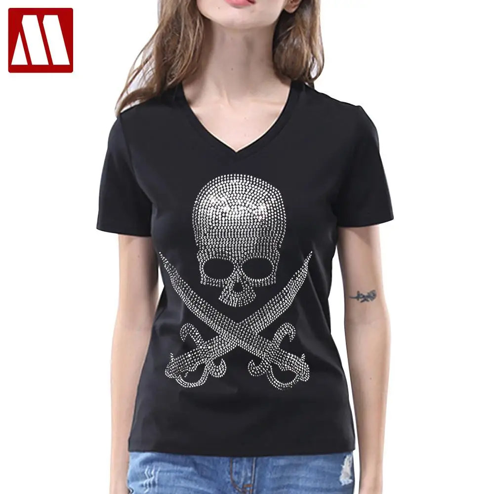 Plus size S-5XL Double Knife Cross Skull Rhinestones Print Short Sleeve T Shirts For Women Round Neck Tees Ladies Tees Tops