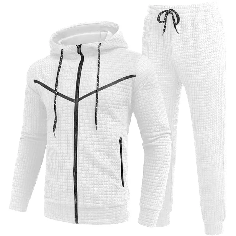 Fall Winter men\'s fashion trend Casual small check zipper hooded suit