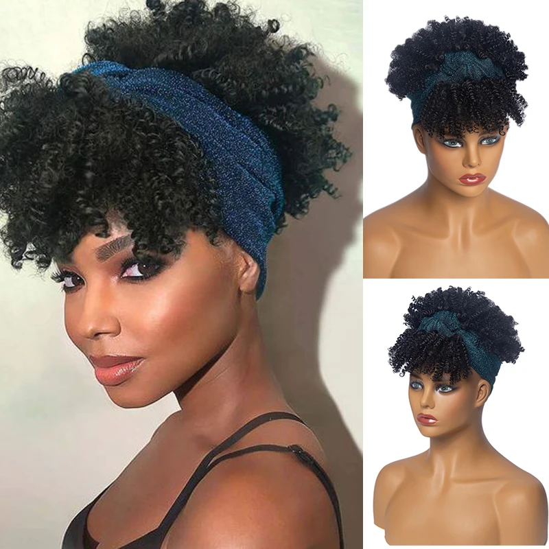 

Kinky Curly Headband Wigs for Women Short Soft Afro Fluffy Curly Headband Wig with Bangs Synthetic Curly Turban Wrap Wig Cosplay