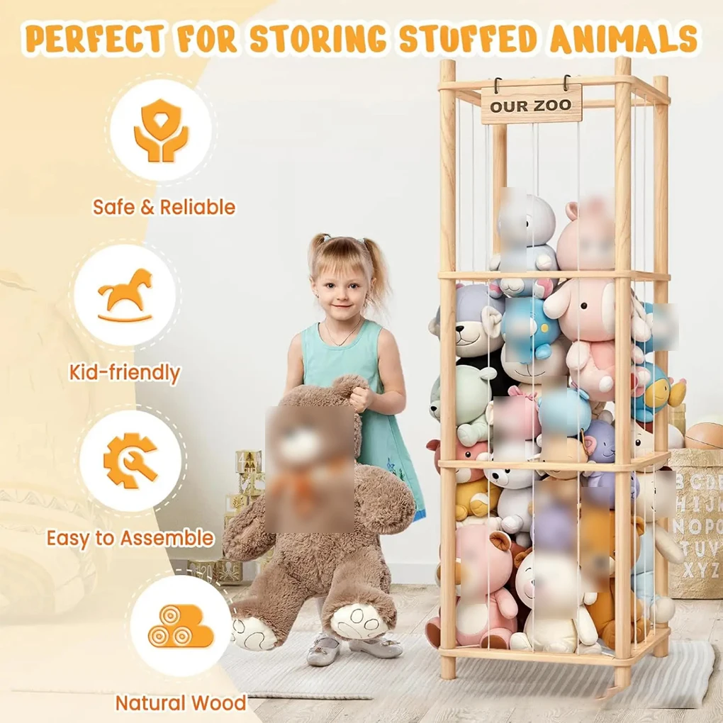 New 53 Inch Extra Large Stuffed Animal Storage Organizer with Elastic Cord Wooden Frame Toy Holder for Kindergarten Home