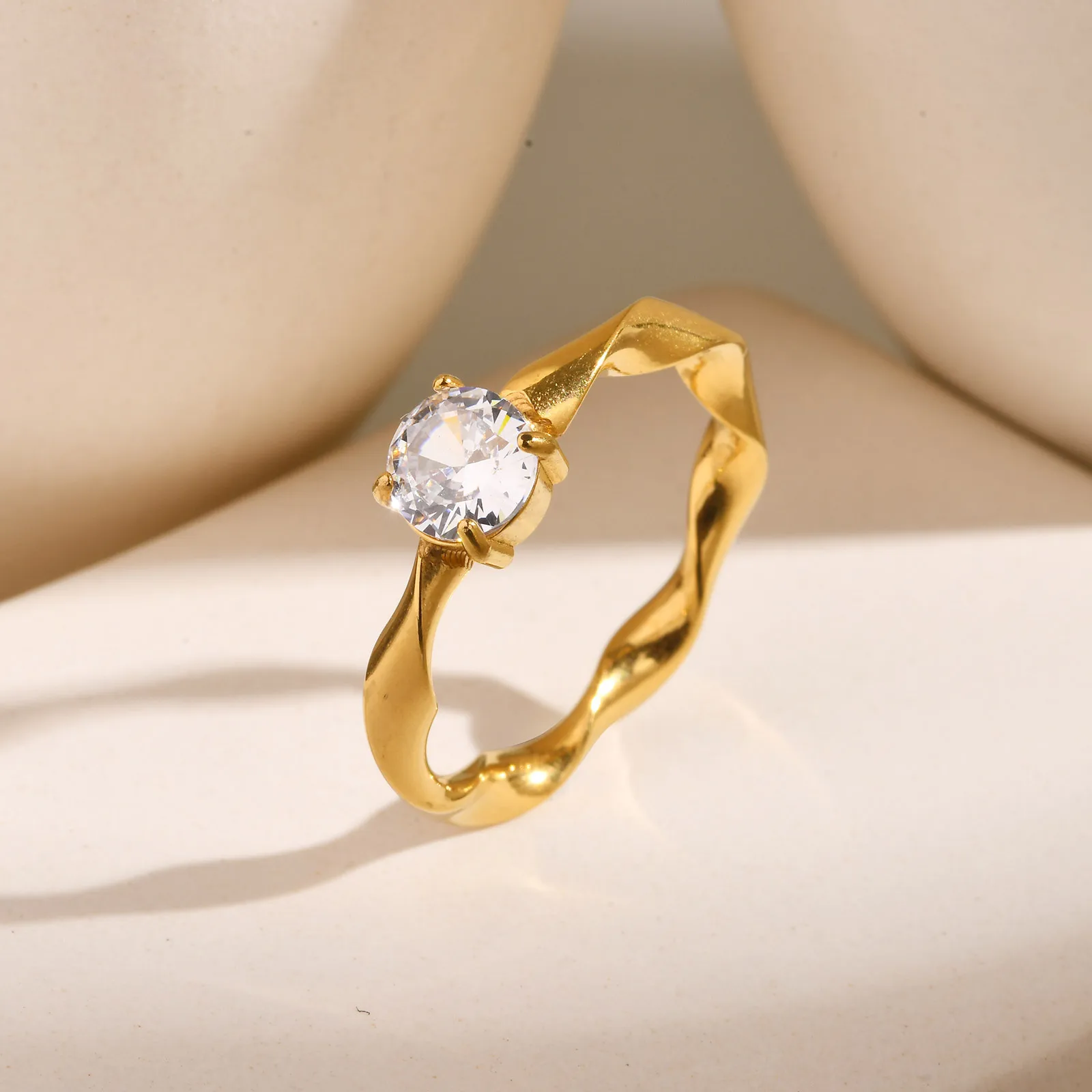 Women Solitaire Ring, Gold Plated Twisted Stainless Steel Wedding Engagement Band, AAA CZ Stone Promise Ring Gift for Wife
