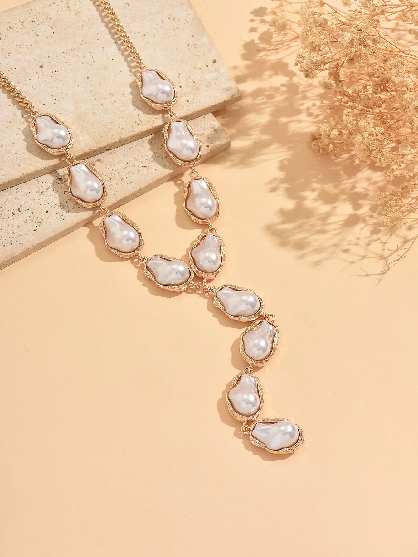 Barocke Kunstperlen-Choker-Halskette Vintage Gold Lange Y-förmige Lariat-Halskette Unregelmäßige Verstellbare Statement-Modeschmuck für Frauen – Detail 7