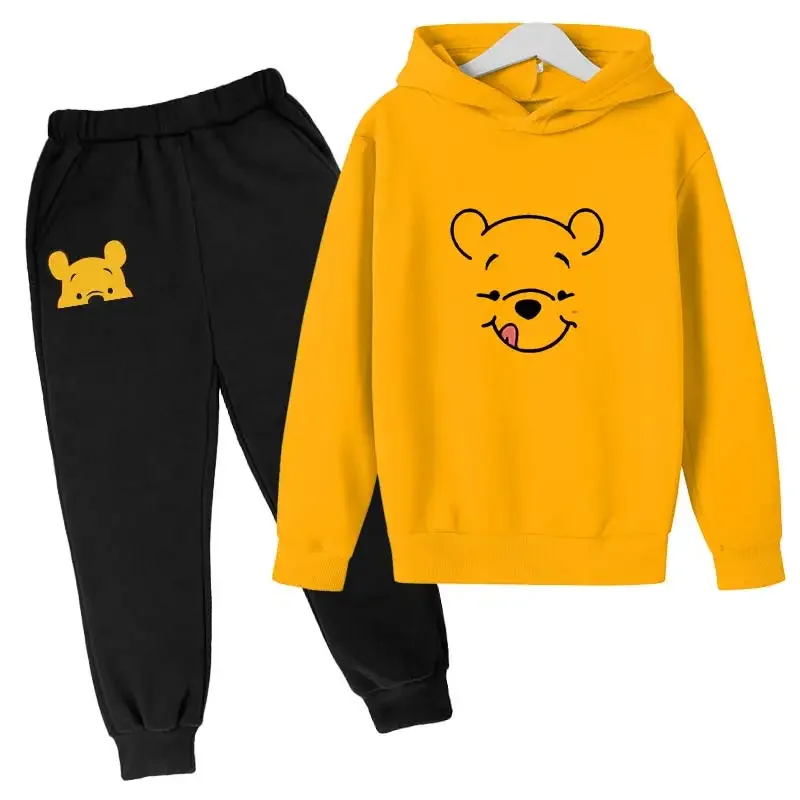 Children's Winnie The Pooh Hoodie Set Spring and Autumn Boys and Girls Cartoon Pullover Sweatshirt + Trousers 2-piece Set 4T-14T